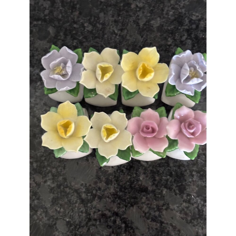Set Of 8 Diamantine China Floral Napkin Rings  Pink Roses & Yellow Daffodils